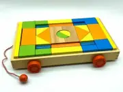 Wooden building puzzle blocks qty 33 in wood tray for toddlers with pull +wheels