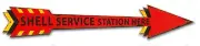SHELL SERVICE STATION HERE ARROW RIGHT 28" HEAVY DUTY USA MADE AGED METAL SIGN
