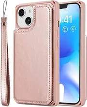 Cavor PU Leather Wallet for iPhone 14 Case Flip Magnetic Clasp Back Cover Shockproof Soft TPU Phone Cases with Lanyard & Card Slots Holder & Kickstand Protective Case for iPhone 14 6.1''-Rose
