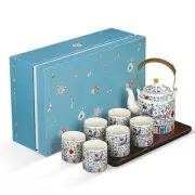 Chinese Traditional Tea Set for 6, Ceramic Teapot with 6 Tea Cups Double Ausp...