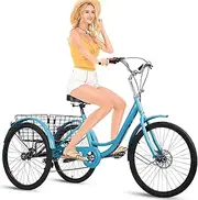 24 Inch Three Wheel Bikes for Adults, Adult Tricycles for Women, 7 Speed Tricycle with Dual Chain, Drift Trike for Adult, 3 Wheel Bike for Adults with Large Rear Basket