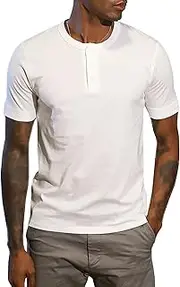[Aosufei] Men's Button Up Crew Neck T-Shirt Loose Casual Short Sleeve T-Shirt Solid Retro Regular Fit T-Shirts