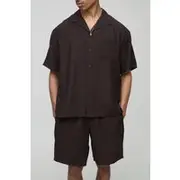 Mens Chocolate Oversized Crinkle Viscose Shirt & Relaxed Short Set