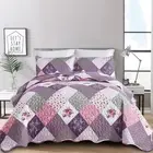 Purple Quilt Set California King Size, Reversible Floral Plaid Patchwork Patt...