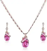 [Generic] Pink Teardrop Pendant Necklace and Earrings,Rose Gold Crystal Jewellery Set,