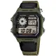 【CASIO 卡西歐】軍事風格 世界時間 防水100米 電子液晶 帆布手錶 黑x軍綠色 40mm(AE-1200WHB-3B)