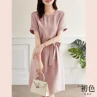 在飛比找momo購物網優惠-【初色】氣質收腰綁帶雪紡連身裙洋裝-粉紅色-60897(M-