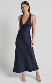 Khalani Midi Dress - Deep V Neck Satin Slip Dress in Navy