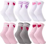 [Utensilsto] 6 Pairs of Heart Tennis Socks for Girls Sports Socks Children 32-36 Tennis Socks with Heart Crew Socks Running Socks Sports Socks for Children, White, pink, grey, 7-12 Jahre
