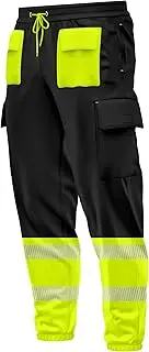 [TORO ACTIVA] Mens Hi Vis High Visibility Contrast Multiple Pockets Cargo Trousers Bottoms Reflective Tape Drawstring Elasticated Waist Ankle Workwear Joggers, Black Yellow, 3XL