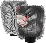 XYMZR Absorbent Microfiber Car Wash Mitt Swan Flower Black, Funny Cute Anime Scratch Free for Cars Cleaning, Home Cleaning Mitts, 2 Pack, 10.24” L x 7.09” W
