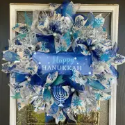 Blue Silver Hanukkah Holiday Deco Mesh Front Door Wreath Home Decor Decoration