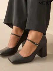 Black Forever Comfort® Leather Square Toe Block Heel Mary Jane Shoes (B94099) | $103