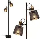 Black Metal 2 Heads Floor Lamp Mesh Enclosure Adjustable Lights with Switch