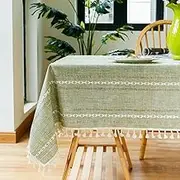 Rustic Farmhouse Cotton Linen tablecloths,Wrinkle Resistant Dining Room Table Cloths with Tassels for Rectangle Tables Dining Room Decoration (Green, 90x90cm)