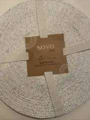 (4) Round Placemats By NOVO BRAIDED Cotton /Poly Woven White With Silver Thread