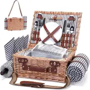 NUFECARG Picnic Basket, Wicker Picnic Basket Set with Blanket and Wine Pouch, Pi