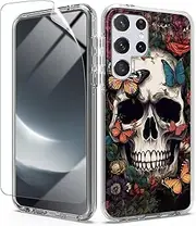 Case for Samsung Galaxy S24 Ultra 5G with Screen Protector, Clear Hard Back & Soft Edge Phone Case for Galaxy S24 Ultra, Butterfly Skull Design Clear Shockproof S24 Ultra Phone Cover for Women Men