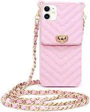 Fusicase for iPhone 11 Wallet Case with Neck Strap Crossbody Strap Lanyard Handbag Wrist Strap Protective Cover Credit Card Holder Slot Purse for Girls Women Silicone Case for iPhone 11 Pink
