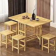 SHANGDAOYU Folding Dining Table Set in Oak Without Installation, Space-saving Table with 4 Chairs,with Storage Shelf and 6 Wheels, Kitchen Table for Small Spaces(Log)