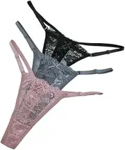 [OFFSUM] Women's Thong Panties - 3Pcs/Set Ultra Thin Soft Adjustable Sexy Low Waist Lace Embroidery Transparent Hollow Out Seamless Bowknot Underwear