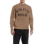 Replay Mens Crew Fleece Crewneck Sweatshirt w/ Athletic Print Brown