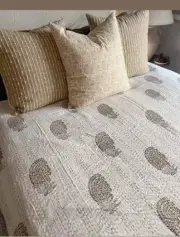 Stunning Kantha Hand Block Print Quilt Handmade Bedspread Quilt King 90x108 inch