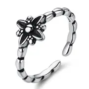 3PCS Copper Jewelry Woman Ring Retro Flower Black Opening Size Adjustable Ring