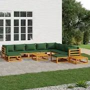 12 Piece Garden Lounge Set with Green Cushions Solid Wood, Garden Furniture Sets