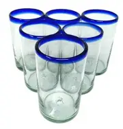 Dos Sueños Hand Blown Mexican Drinking Glasses - Set of 6 Glasses with Cobalt