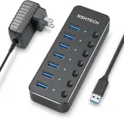 USB 3.0 Hub, 7 Port Powered USB Hub Expander Aluminum USB 3.0 Data Port Hub NEW