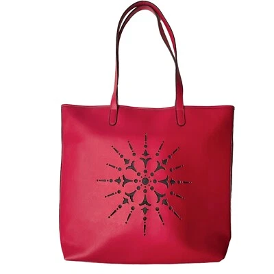 NWT Crabtree & Evelyn Large Red Tote Bag Laser Cut Vegan Leather Boho Design