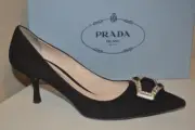 NIB $950+ PRADA Crystal BROOCH Pointy Toe Pump 65 Heel Shoe BLACK Suede 38 - 7.5