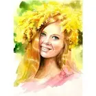Girl Mimosa Blooms Happy Woman Nature Painting Watercolor Portrait Flowers