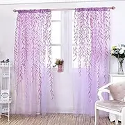 Ufurty 2 Pieces Willow Leaf Window Curtain Voile Tulle Room Salix Leaf Sheer Vine Curtain Voile Panel Drapes Curtain Purple Willow Leaf Curtain for Living Room, Bedroom, Balcony