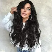 Wigs Long Wave Middle Part Wigs For Women Long Wavy Curly Wigs Realistic Synthetic Heat Resistant Fibre Wigs For Daily Use (2396-1B#, 24 inch)