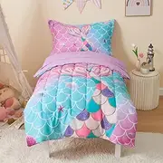 SUCHBED Mermaid Tail Toddler Bedding Set Crib Bedding Set for Girls 4 Pieces with Toddler Comforter, Toddler Bed Sheets, Pillowcase, Purple Blue Gradient
