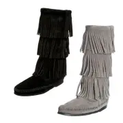 Women Minnetonka 3 Layer Fringe Mid Calf Suede Boots NEW
