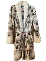 NWT PEANUTS SNOOPY Plaid Holiday Gift Fur Like Collar Tie up Plush Robe - S/M