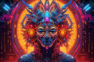 Neo Shaman UV tapestry, Blacklight Reactive, Psychedelic Wall Hanging Trippy Art