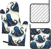 4 pcs Oven Mitts and Pot Holders Set 500°F Heat Resistant Oven Gloves and Hot Pads Kitchen Mittens Tentacles Octopus Cooking Gloves Potholders for Baking Grilling