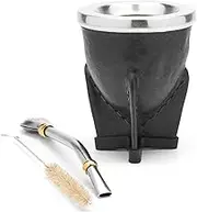BALIBETOV Leather Wrapped Handmade Yerba Mate Gourd (Mate Cup) with Bombilla (Yerba Mate Straw) (Black)