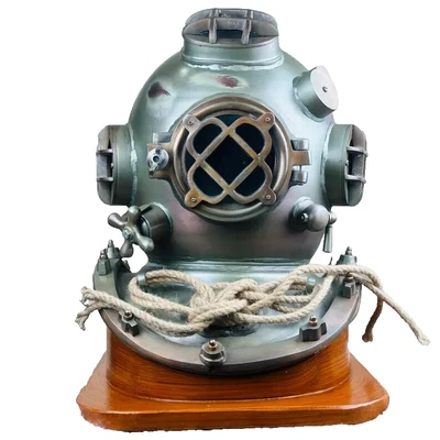 Heavy boston scuba diving helmet in dual tone with wooden base - Commando Helmet