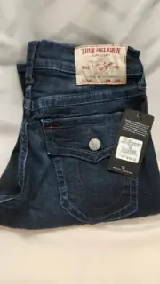 NWT True Religion Dark Saphire Wash Geno Sn Flap Slim Jeans Mens Size 30X33