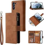 [UEEBAI] Wallet Case for Samsung Galaxy S21 FE, Premium Vintage PU Leather Magnetic Closure Handbag Zipper Pocket Case Kickstand Card Holder Slots with Wrist Strap TPU Shockproof Flip Case - Brown