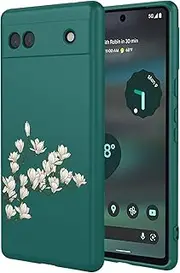 for Google Pixel 6A Case - Liquid Silicone Magnolia Pattern TPU Smooth Gel Protective Case with Camera Protection, Shockproof Shell, and Microfiber Lining, Dark Green