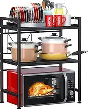 PUSDON Microwave Oven Rack, Adjustable Heavy Duty 3-Tier Shelf with 3 Hooks for Kitchen Counter Top Organizer, Holds 160lbs, Black