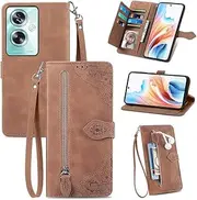 Case for Oppo A79 5G / Oppo A2 5G, Flower Embossing PU Leather Flip Magnet Wallet Zipper Pocket Stand Card Slots Lanyard Protective Cover for Oppo A79 5G / Oppo A2 5G (Brown)