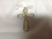 NEW HANGING CROSS WITH CRYSTAL STONES , LIGHT YELLOW - 4 1/4" H
