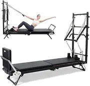 CRODRES Pilates Reformer Machine with Tower Foldable 2-in-1 Half Elevated Core Bed for Home Workouts Gym with Jump Board and Pilates Sitting Box